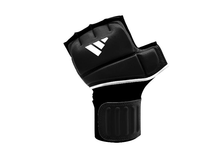 Schwarzer fingerloser Boxhandschuh mit weißem Logo und Handgelenkstütze