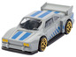 Ein graues Hot Wheels Auto mit blauen Streifen und einem Spoiler.