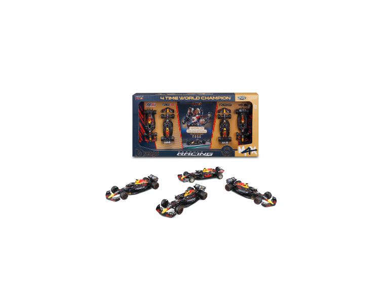Ein Set aus vier Rennwagenmodellen, mit einer Box, die ein 4-facher Weltmeister-Thema zeigt.