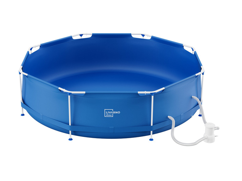 Ein blauer Livarno Home Aufstellpool mit Filterpumpe.