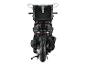 Schwarzes Motorrad mit Topcase und Offroad-Reifen, Rückansicht.