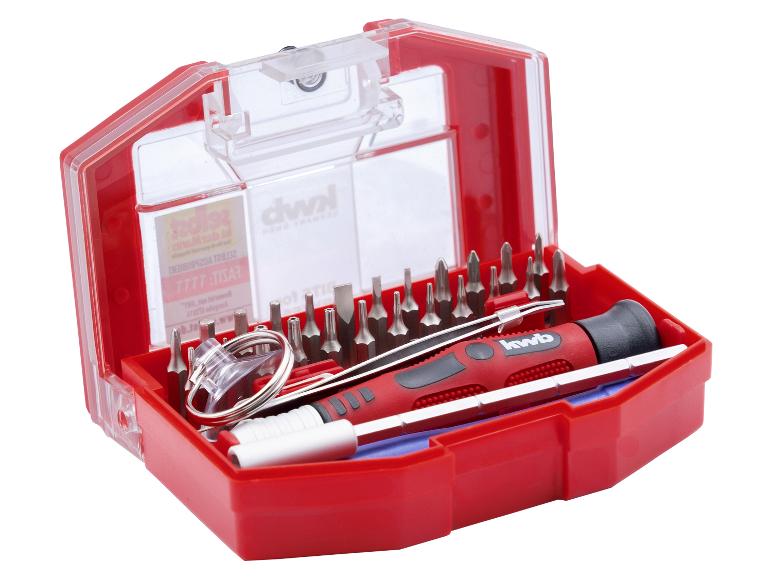 Präzisionsschraubendreher-Set mit Bits, Pinzette und Griff in roter Box.