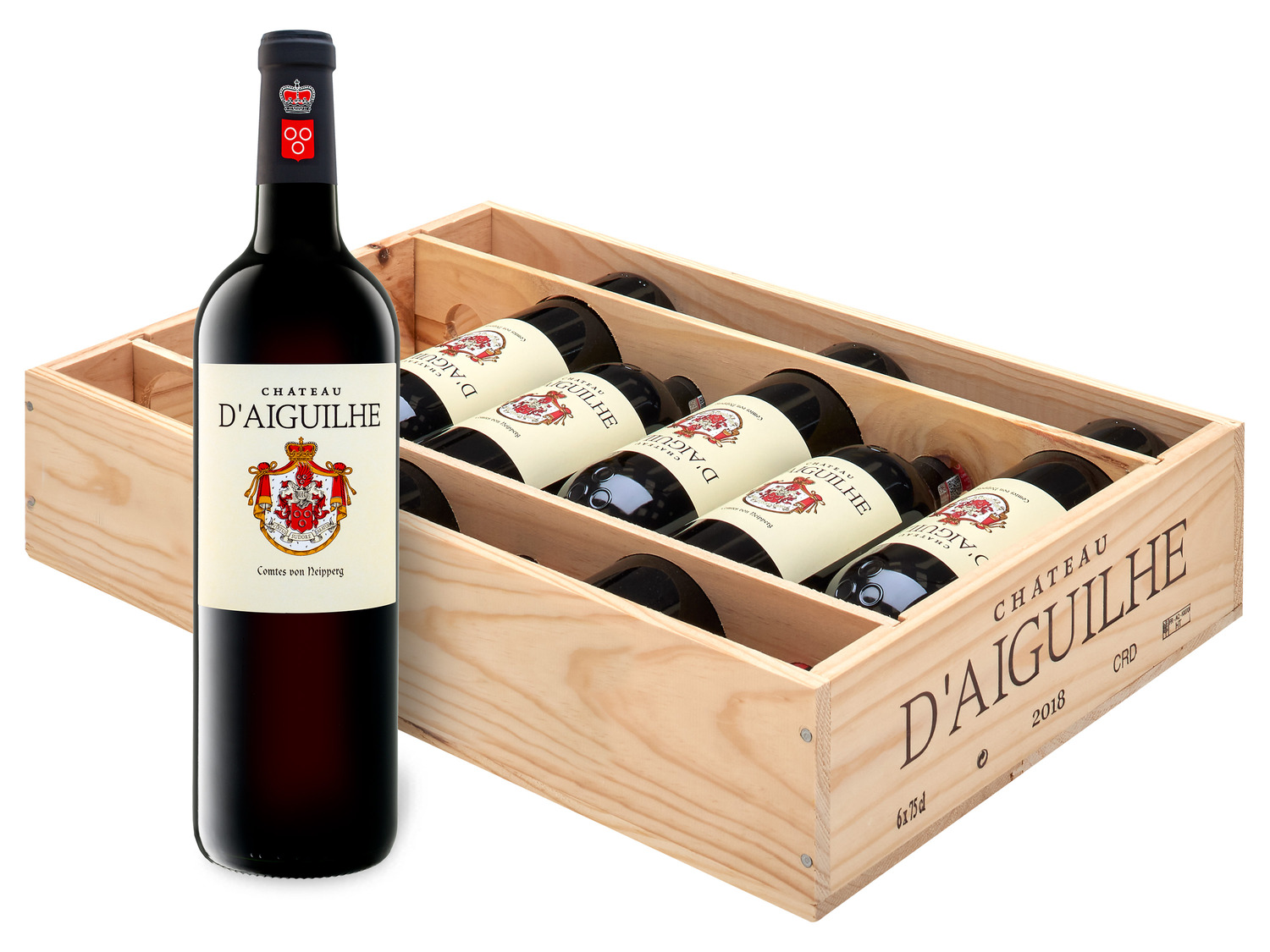 6 x 0,75-l-Flasche Château d\'Aiguilhe Castillon Côtes de Bordeaux, Rotwein  2020 - Original-Holzkiste