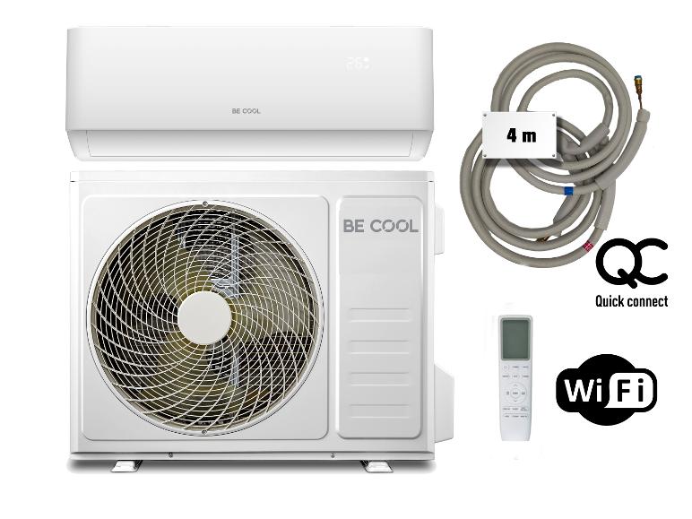 Be Cool Klimaanlage mit Innen- und Außengerät, Fernbedienung, 4m Kabel sowie Wi-Fi- und Quick Connect-Logos.