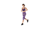 Frau läuft in lila Sport-BH und Camouflage-Capri-Leggings.