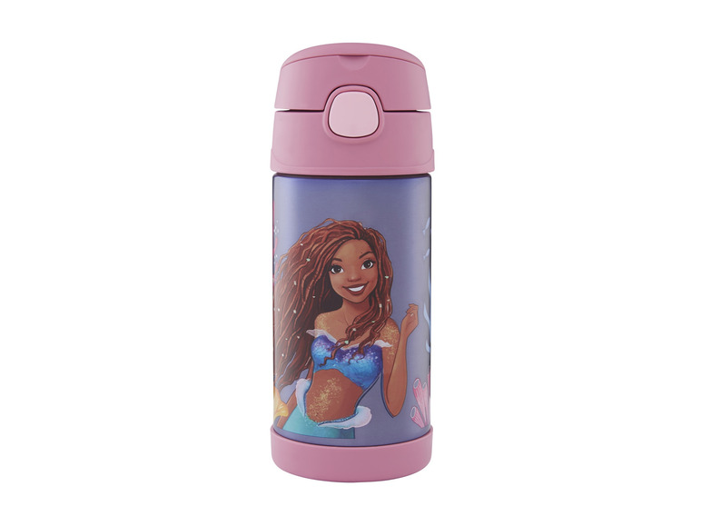 Eine rosafarbene Thermosflasche mit einem Bild einer Meerjungfrau.