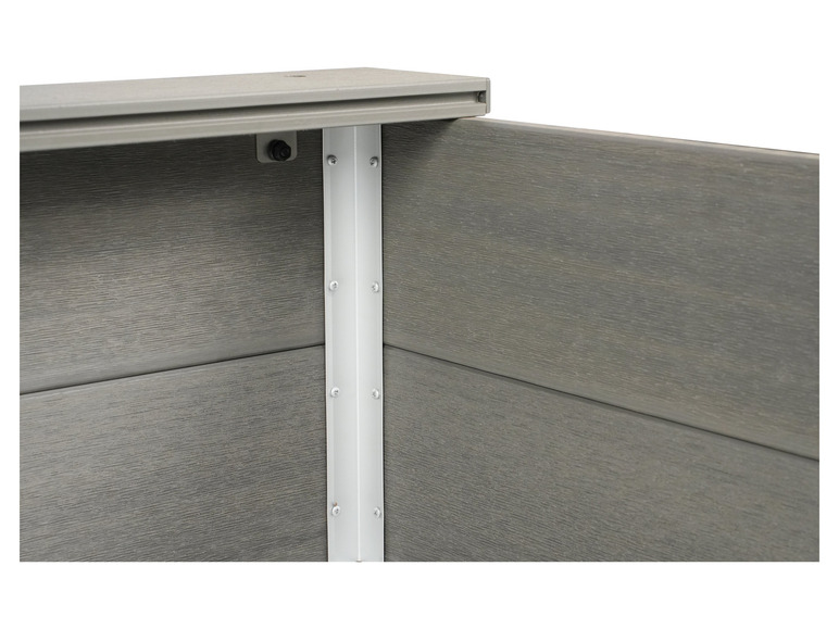 Ein grauer Holz-Pflanzkasten mit einem weißen Rand.