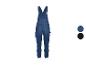 Blaue Jeans-Latzhose mit mehreren Taschen, gezeigt mit Farboptionen.