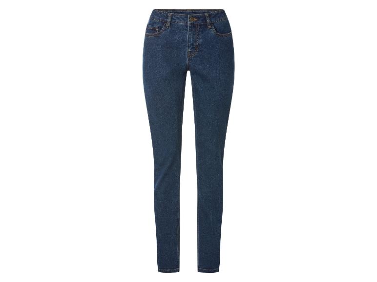 Dunkelblaue Damenjeans mit orangefarbenen Nähten.