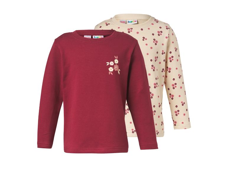 Set aus 2 Kinder-Langarmshirts: ein bordeauxrotes mit Blumen und ein cremefarbenes mit Blumenmuster.