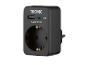 Schwarzer Reiseadapter mit USB- und PD-Anschlüssen und Steckdose, max. 20W.