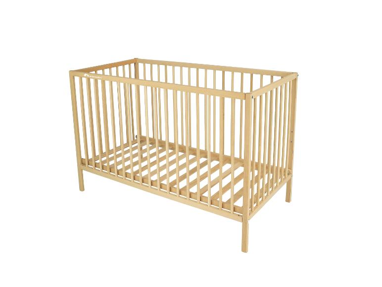 Holzbettchen mit Gitterstäben, in natürlicher Holzfarbe.