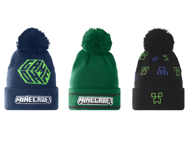 Minecraft Kinder-Strickmützen in Blau, Grün und Schwarz mit Bommel.