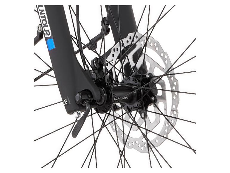 Nahaufnahme eines Fahrradvorderrads mit Gabel, Bremsscheibe und Nabe.