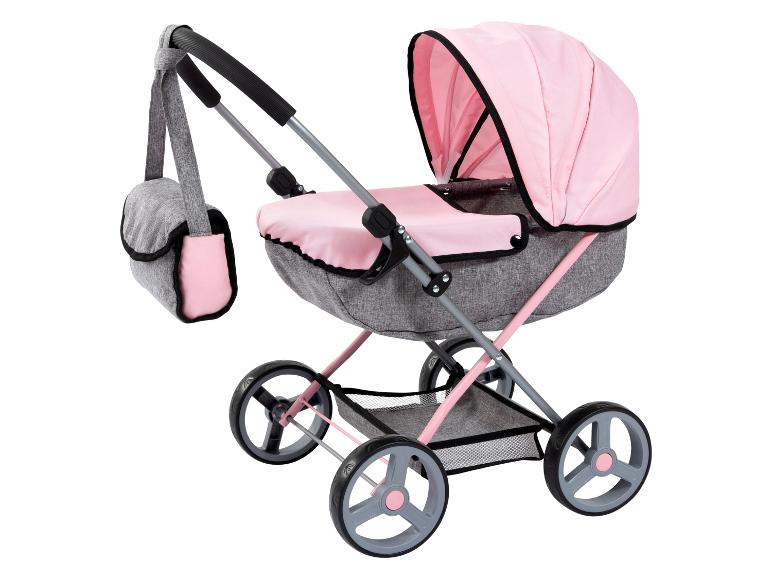 Rosa-grauer Puppenwagen mit passender Tasche.