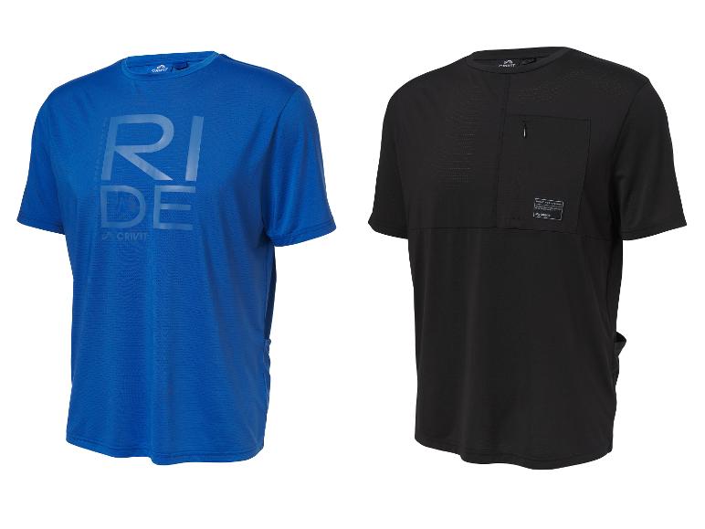 Zwei Herren-Fahrrad-T-Shirts, eines blau mit „RIDE“-Schriftzug, eines schwarz mit Brusttasche.