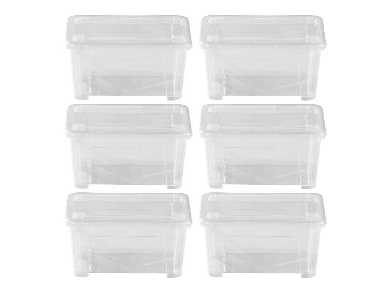 Sechs transparente Plastik-Aufbewahrungsboxen mit Deckeln, in zwei Spalten angeordnet.
