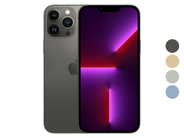 Ein graues Apple iPhone mit einem roten und violetten Hintergrund.