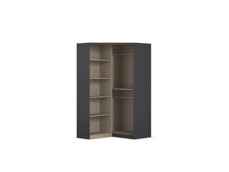 Dunkelgrauer Eckschrank mit hellen Holzregalen und Kleiderstangen