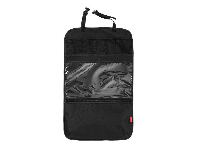 Ein schwarzer Autositzorganizer mit mehreren Fächern und einem transparenten Fach.