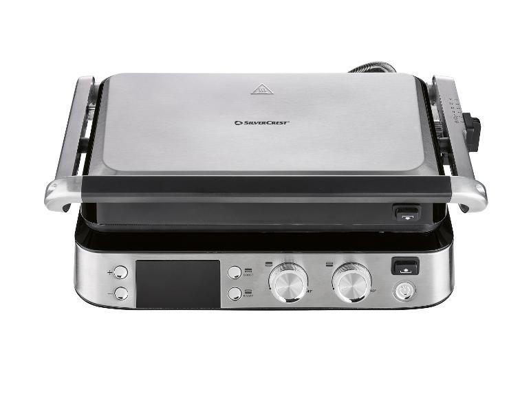 Silberner Elektrogrill mit Digitalanzeige und Bedienknöpfen.