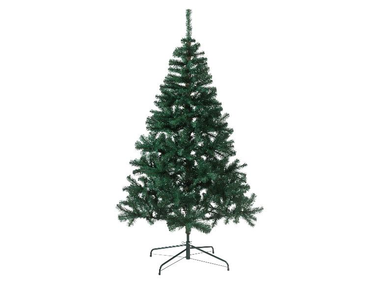 Ein grüner künstlicher Weihnachtsbaum mit Metallfuß.