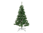 Grüner künstlicher Weihnachtsbaum mit Metallständer, auf schwarzem Hintergrund.