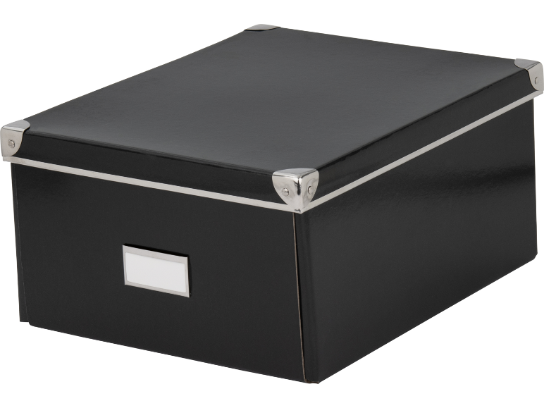 Schwarze Aufbewahrungsbox mit weißem Etikett und Metallecken