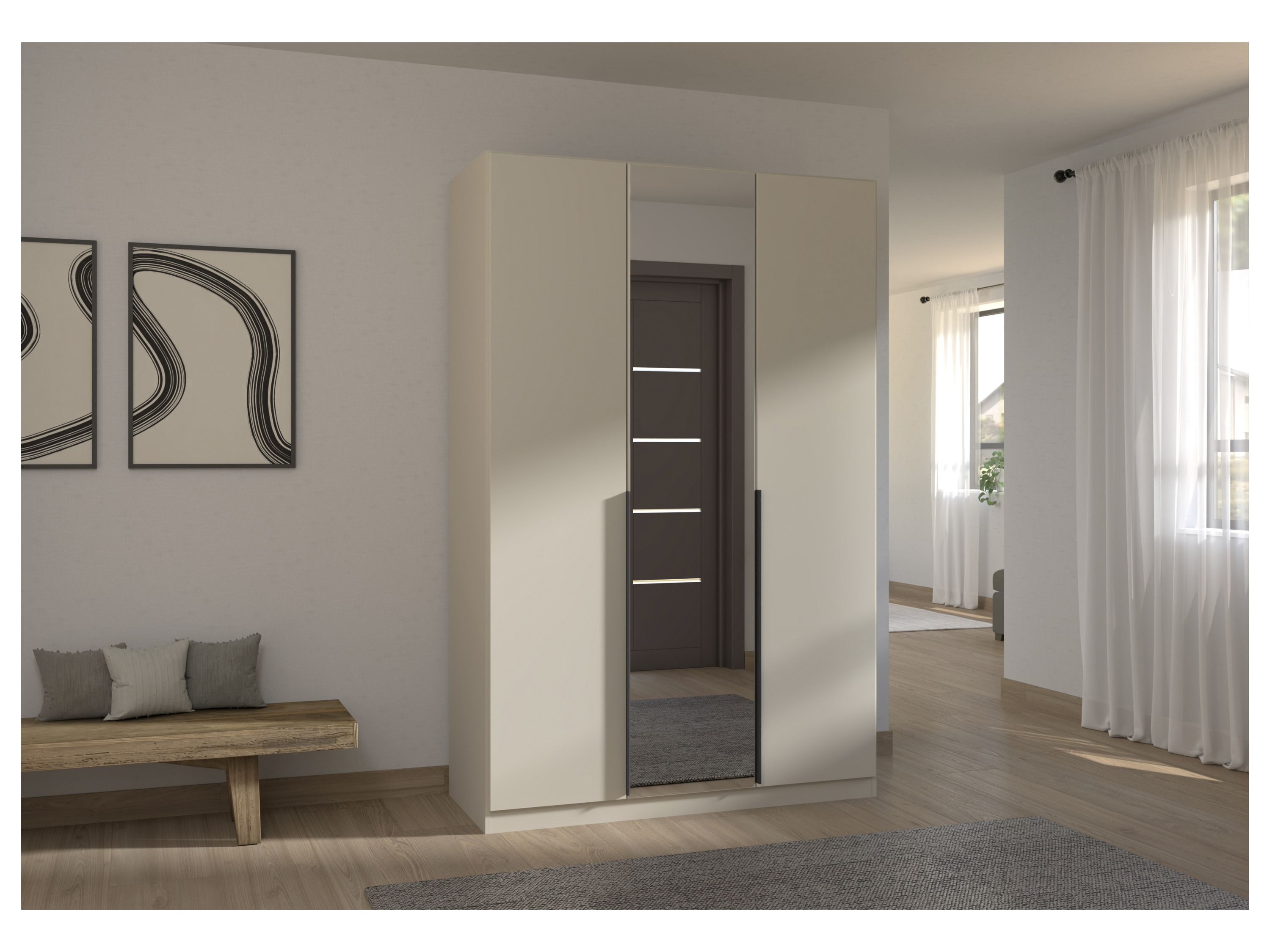 RAUCH ORANGE Drehtürenschrank Alabama mit Spiegel (Premium-Zubehör, Beige-Champagner, Griffe Grau, 136 x 210 cm) – Bild 2 von 4