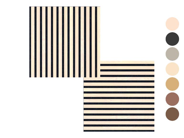 Zwei Paneele aus hellen Holzlatten mit dunklen Zwischenräumen, eines vertikal, eines horizontal, mit Farbpalette.