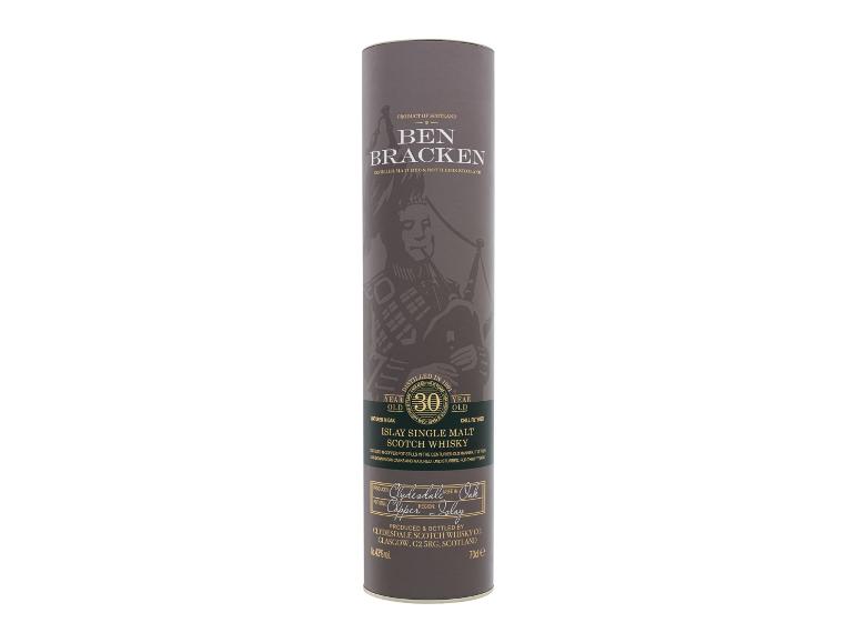 Dunkelgraue Tube 30-jähriger Islay Single Malt Scotch Whisky mit Dudelsackspieler-Motiv.