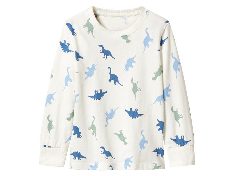 Weißes Kinder-Langarmshirt mit blauem und grünem Dinosaurier-Print.