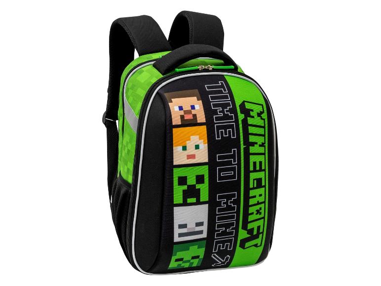 Grüner und schwarzer Rucksack mit Videospielcharakteren und dem Text „TIME TO MINE“.