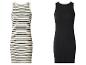 Eng anliegende ärmellose Kleider: eines gestreift, das andere schwarz.