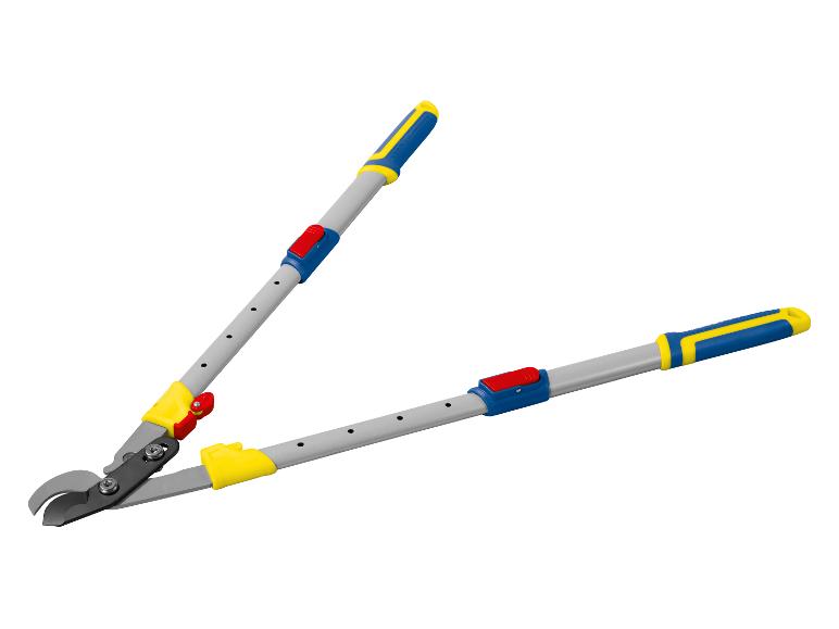 Astschere mit Teleskopgriffen in Blau, Gelb und Rot.