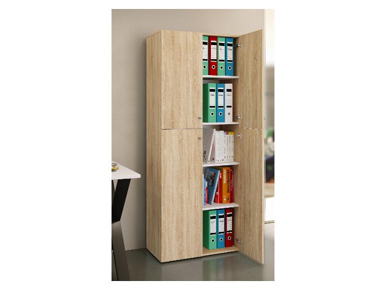 Heller Holz-Büroschrank mit bunten Aktenordnern und Büchern.