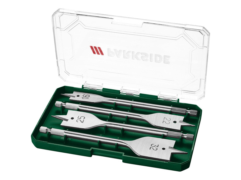 Ein Satz von vier Bohrer mit 16, 22, 25 und 32 mm Durchmesser, in einer grünen und transparenten Box von Bakside.