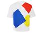 Weißes T-Shirt mit blauem, rotem und gelbem geometrischem Design auf dem Rücken.