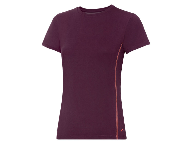 Ein dunkelviolettes T-Shirt mit kurzen Ärmeln für Damen mit orangenen Details.