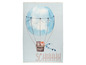 Ein blauer Heißluftballon mit Tieren, dekorativer Teppich.