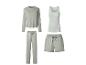 Hellgrünes Damen-Pyjama-Set mit Langarmshirt, langer Hose, Tanktop und Shorts.