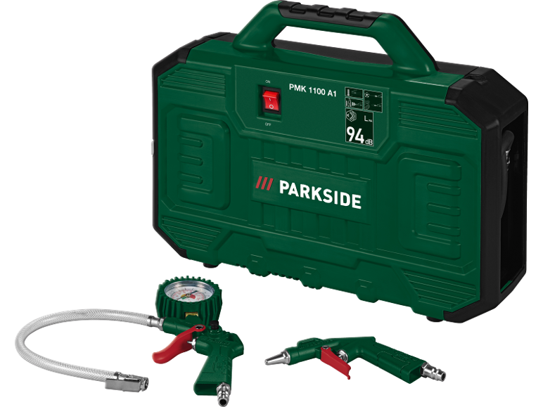 Tragbarer Luftkompressor mit Manometer und zwei Düsen, PMK 1100 A1, 94 dB
