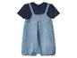 Baby-Set aus marineblauem Kurzarm-T-Shirt und hellblauem Jeans-Latzkleid.
