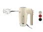 Cremefarbener Handmixer mit Schneebesen und drei Farboptionen: Grau, Rot und Schwarz.