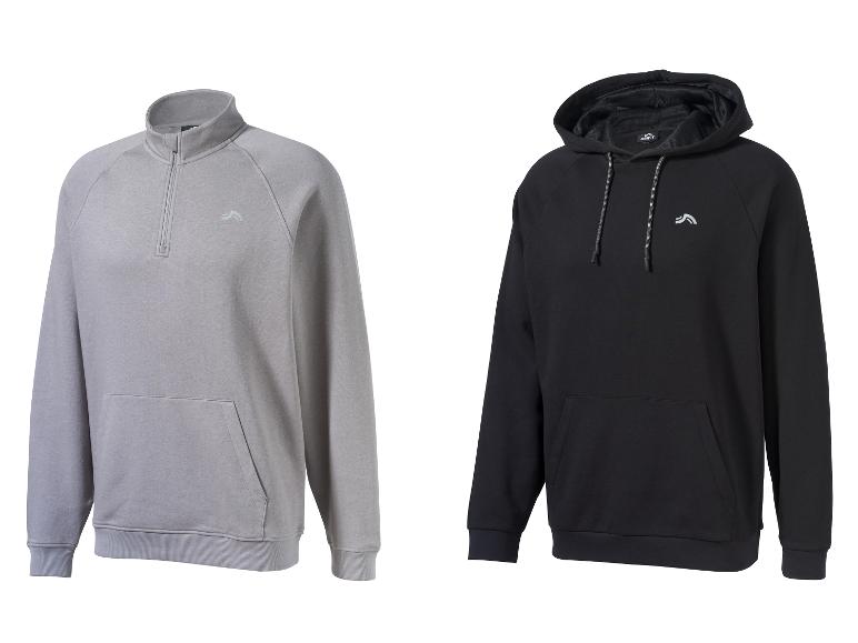 Zwei Sport-Sweatshirts, eines grau mit kurzem Reißverschluss und eines schwarz mit Kapuze.