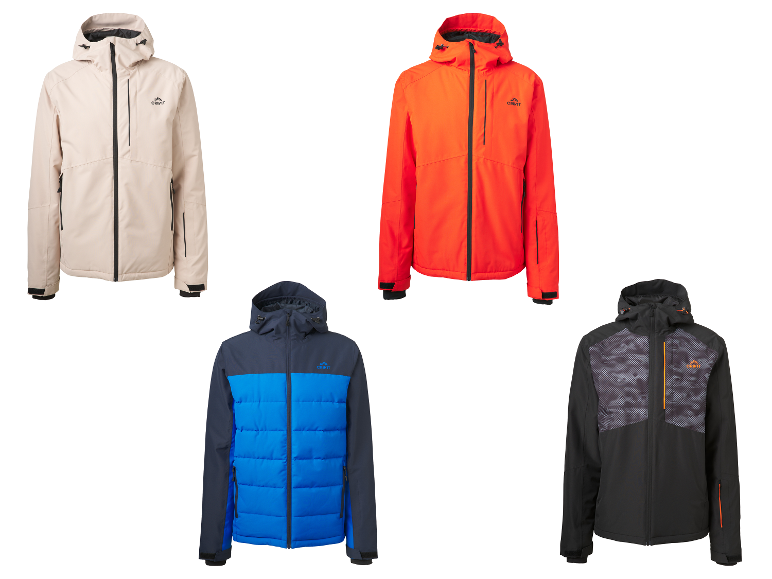CRIVIT Herren Skijacken: Beige, Orange, Blau und Schwarz mit Muster.
