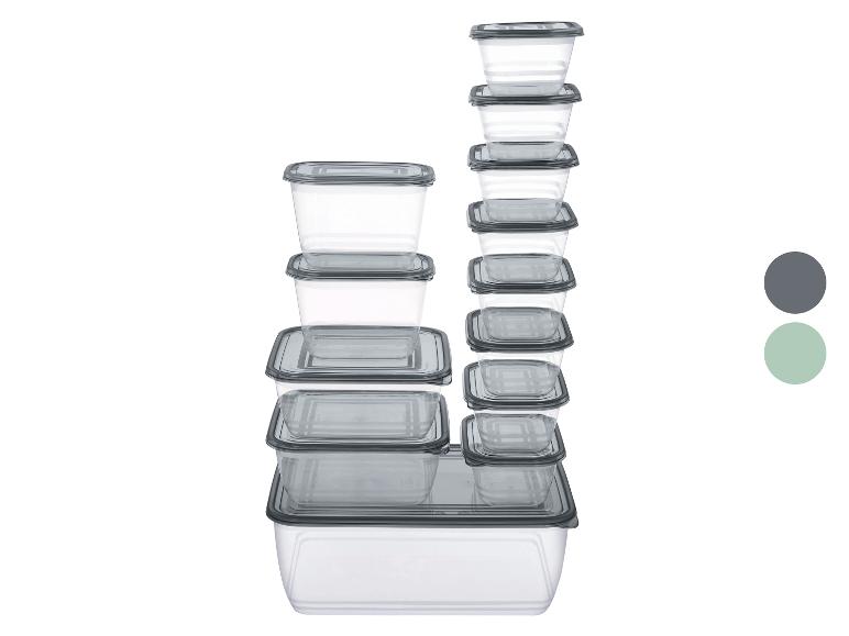 Set transparenter Lebensmittelbehälter mit grauen Deckeln, gestapelt.