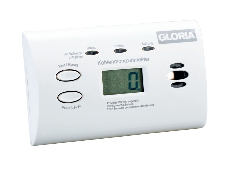 Ein weißer Kohlenmonoxidmelder von Gloria mit einem digitalen Display.