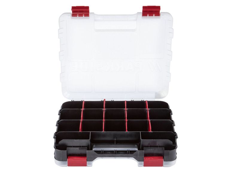 Eine geöffnete Werkzeugbox mit mehreren Fächern der Marke KWB.