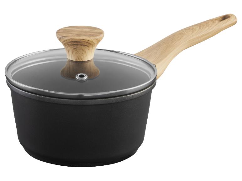 Schwarzer Topf mit Glasdeckel und Holzgriff.